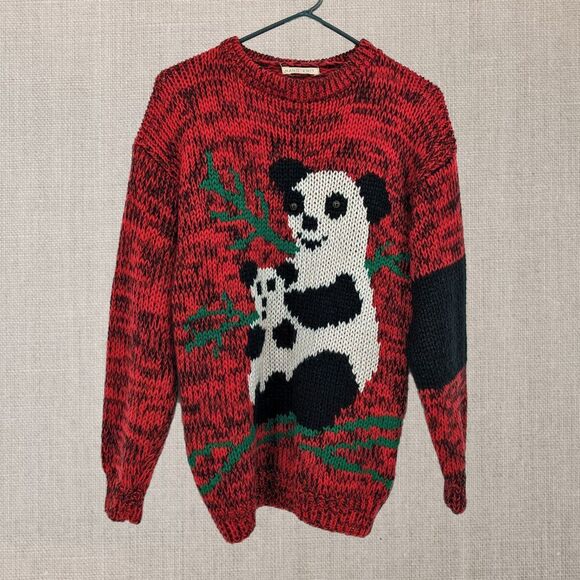 Vintage 1990s Hand Knit Panda Sweater Red Chunky Mock Neck Art to Wear Small - Picture 1 of 10